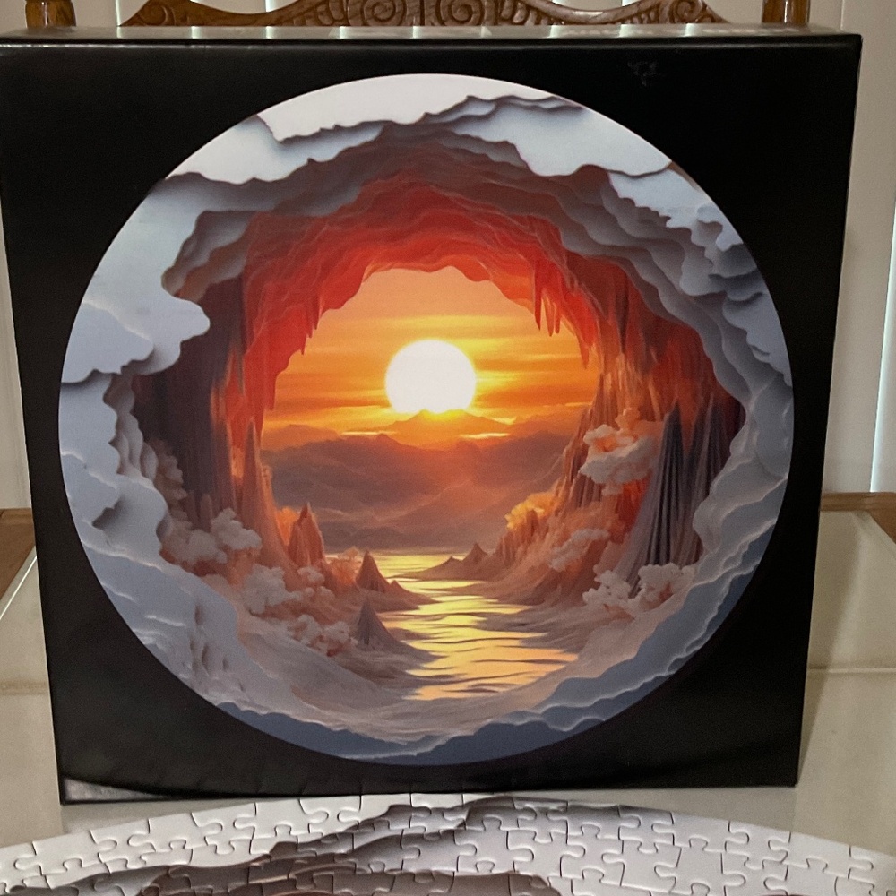 1000-Piece Round Wooden Jigsaw Puzzle – 3D Cave Sunset – 26” x 26” - Picture 10 of 13